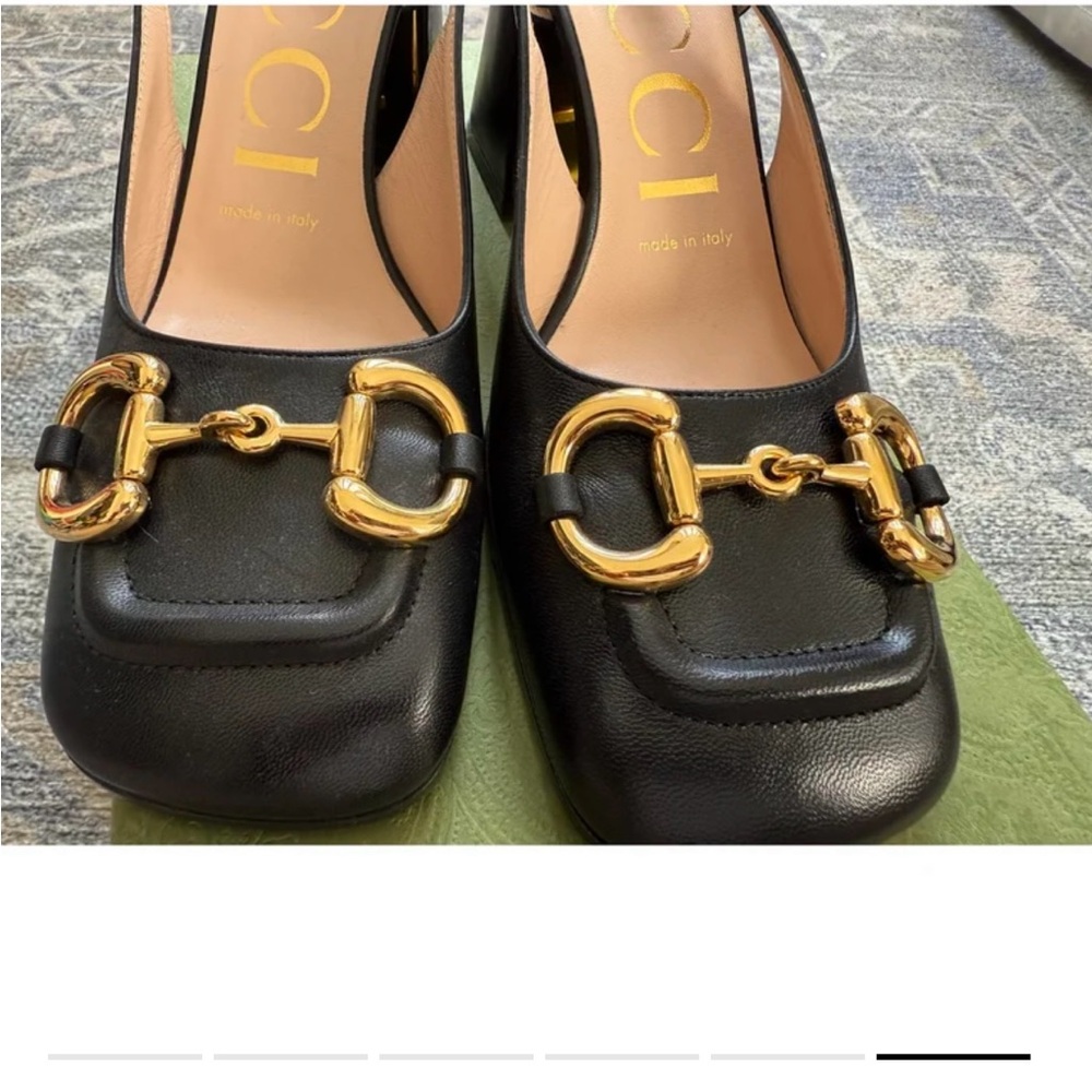 Gucci Malaga NIB  Black Leather Heels with Gold Buckles